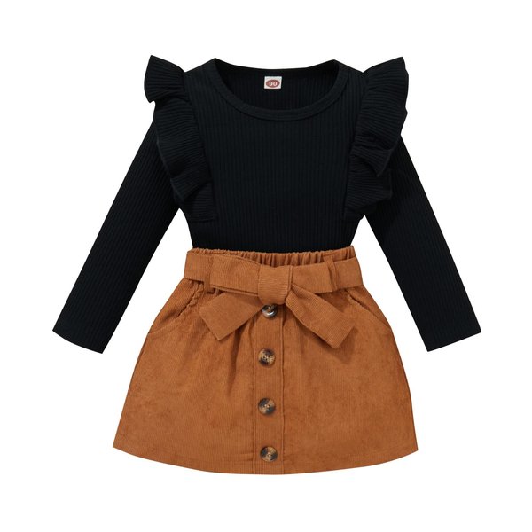 Kupretty Toddler Baby Girl Fall Winter Clothes Solid Knit Ruffle Pullover Tops Corduroy Mini Skirts Outfits (W Black Tops Brown Corduroy Skirt Set, 18-24 Months)