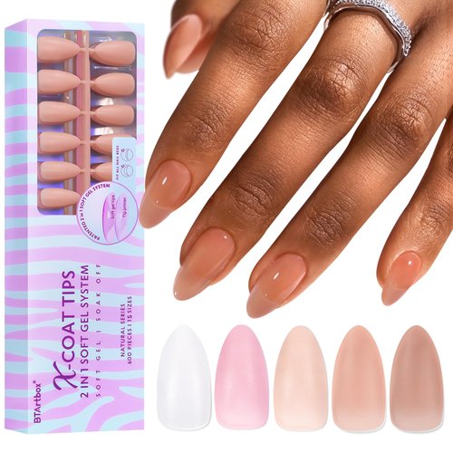 BTArtbox Soft Gel Nail Tips Almond, 600PCS 5 Colors XCOATTIPS Natural Pre-applied Tip Primer Cover,Pre-colored 15 Sizes Press On Nails Soak Off Fake Nails for Daily Nail Art