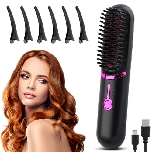Cordless Hair Straightener, Hair Straightener Brush, Hot Comb with USB Charging Cable & 6pcs Hair Clips, Wireless Hair Straightening (Black)