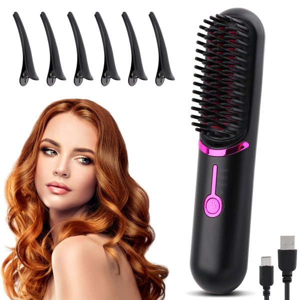Cordless Hair Straightener, Hair Straightener Brush, Hot Comb with USB Charging Cable & 6pcs Hair Clips, Wireless Hair Straightening (Black)