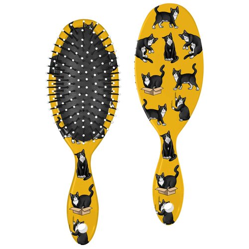 WIRESTER Detangle Hair Brush For All Hair Types, Comb Hair Brush for Girls Women Suitable for Wet and Dry Hair - Black White Tuxedo Cat Playful Postures
