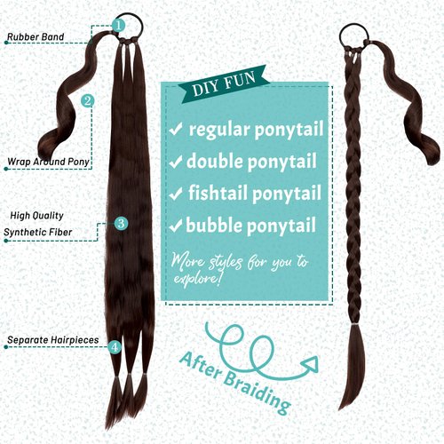 Cephermer Braided Ponytail Extension 26'' 30'' DIY Long Braid Hair Extensions Ponytail with Elastic Tie Straight Wrap Around Natural Soft Synthetic Hairpiece for Women Medium Brown