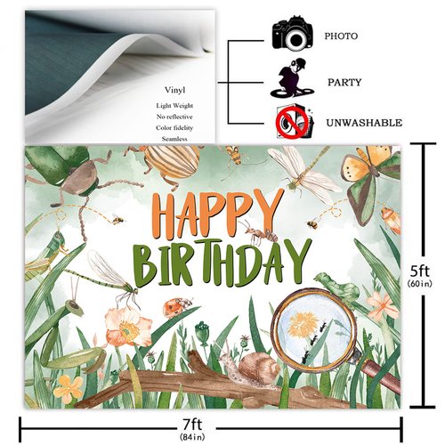 Avezano Bug Themed Birthday Backdrop Inserts Theme Birthday Party Decorations for Boys Cartoon Microcosm Woodland Bugs Birthday Party Photography Background Green Cake Table Banner (7x5ft)