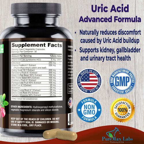 Uric Acid Advanced Formula – Kidney, Liver, Gallbladder, Urinary Tract Cleanse with Cranberry, Chanca Piedra, Tart Cherry, Milk Thistle and Bromelain 60 Capsules