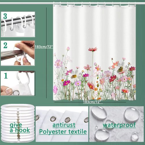 Niidder Shower Curtain, Flower Shower Curtain, Waterproof Bathroom Shower Curtains, -72 "W x 72" L/Shower Curtains for Bathroom,Cloth Shower Curtain with 12 Hooks