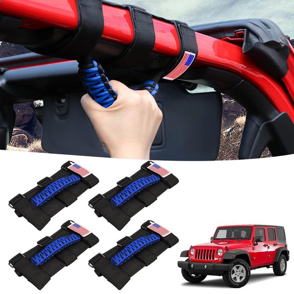 Gaizon 4 Pack Grab Handles Roll Bar Paracord Handgrip Handles with America Flag Pattern Replacement for Jeep Wrangler YJ TJ JK JL,Gladiator JT 1955-2022(Blue)