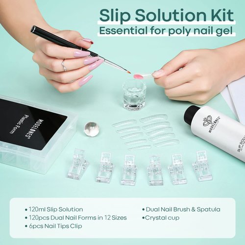 Modelones Slip Solution for Poly Nail Gel, Anti-Stick Gel Nail Extension Complete Kit with Nail Forms Nail Tips Clips Nail Art Tool DIY at Home
