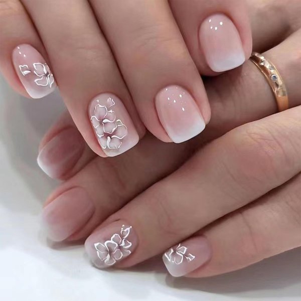 WAFOLOZE Nails Press ons,White Ombre Short Square Press on Nails Fake/False Nails with Flower Press ons Designs Gloss Acrylic Artificial Nails Stick on Nails for Women 24Pcs