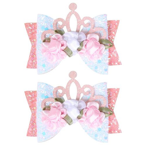 Pink Crown Hair Clips Fashin flower Hair Bows Boutique Glitter Hair Accessories for Princess Kids Girls School Birthday Christmas