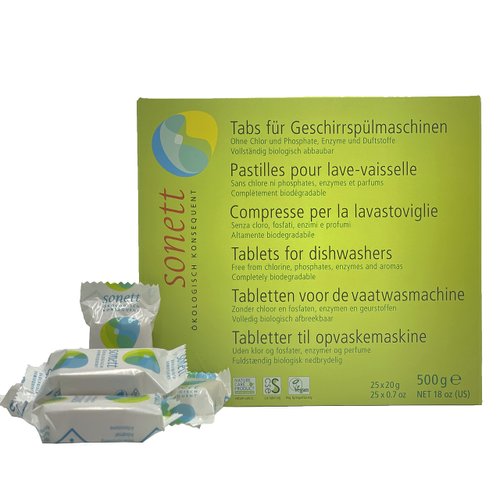 Sonett Organic Dishwasher Tablets 25 Count Deep Clean Dish Tab Fresh Scent 25 tablets x 0.67oz,18 fl.oz/ 500gr (5 Count)