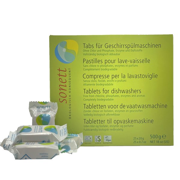 Sonett Organic Dishwasher Tablets 25 Count Deep Clean Dish Tab Fresh Scent 25 tablets x 0.67oz,18 fl.oz/ 500gr (5 Count)