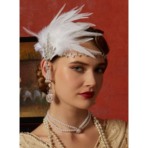 Cizoe Art Deco 1920s Flapper Great Gatsby Leaf Wedding Bridal Tiara Pearl Headpiece Headband With Feather (White)