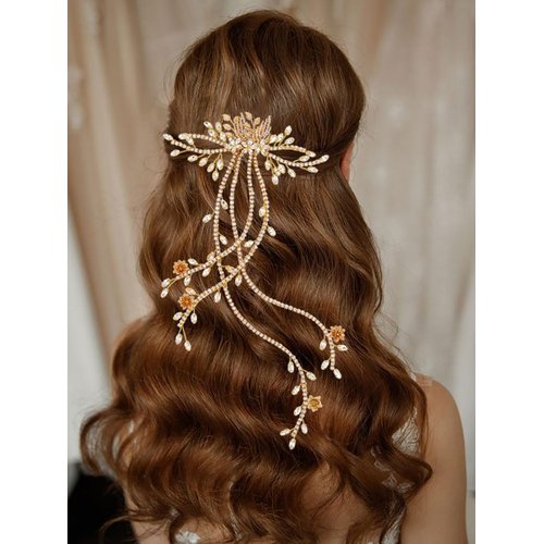 Banatra Rhinestone Bride Wedding Hair Comb Gold Flower Headpiece Bridal Crystal Leaf Hair Accessories for Women and Girls