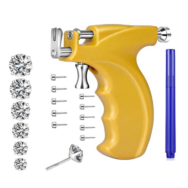 LECIEL Reusable Ear Piercing Gun Kit, Professional Body Nose Lip Piercing Kits with 16 Pairs Stud Earrings (6 Pairs Sterling Silver Stud Earrings+10 Pairs Gun Stud Earrings)