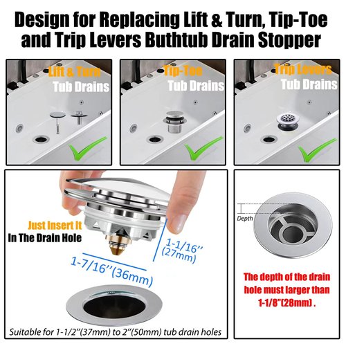 Anlige Universal Tub Stopper Bathtub Drain, Pop Up Bathtub Drain Plug and Cover, Replaces Bath Tub Lift and Turn, Tip-Toe and Trip Lever, Easy to Install and Clean, All Brass Plating Process