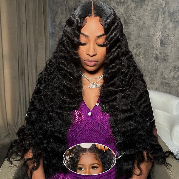 Ehelo 30 Inch Deep Wave Lace Front Glueless Wig Human Hair 7x5 Deep Wave Lace Closure Wigs Human Hair 180% Density Pre Plucked Pre Cut Lace Wigs for Women Deep Curly Wig Glueless Wigs Human Hair