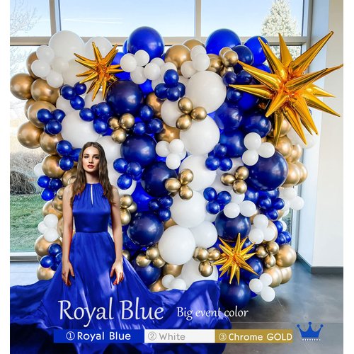 Royal blue and Gold balloon Garland Arch Kit 156Pcs Blue Gold white Starburst balloons for Wedding prince Baby shower for Boy Men birthday decorations Graduation Ceremony supplies