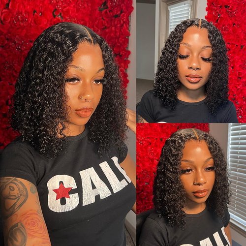 Wigs Human Hair Pre Plucked Lace Front Wigs for Black Women 180% Density Deep Curly Bob Wig Human Hair (4X4 Natural Black Color, 10 Inch)