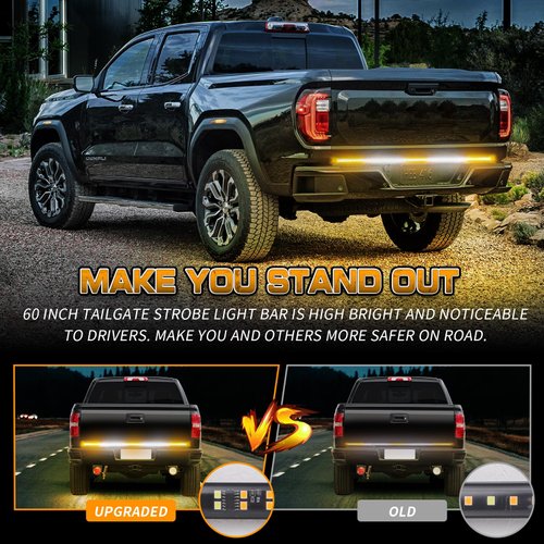 XRIDONSEN 60 inch Emergency Truck Tailgate Strobe Lights Strip 360 LED Tail Light Bar Amber White Flashing Warning Hazard Safety Rear Lights for Tow Plow Trucks Construction Vehicles Pickup Trailer