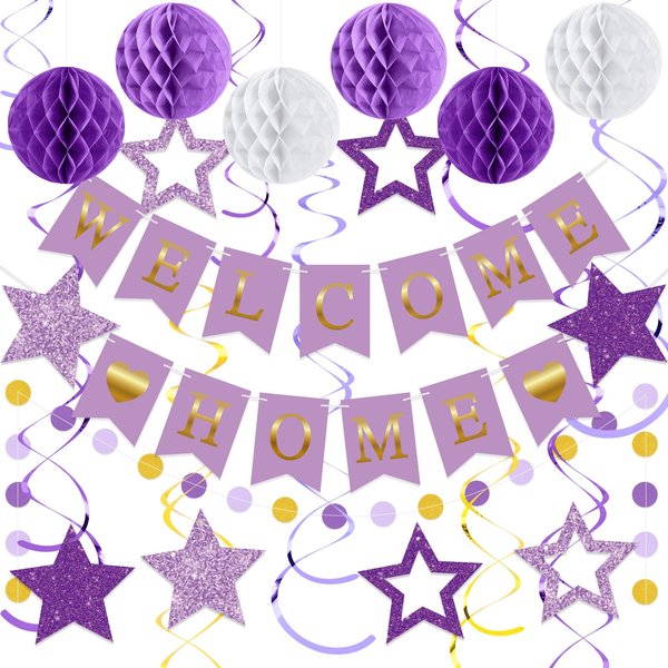 Arrowbash Welcome Home Decorations Welcome Home Banner with Glitter Stars Hanging Swirl Streamers,Honeycomb Balls,Circle Dots Garland,Welcome Home Sign for Homecoming Party Decor Supplies (Purple)