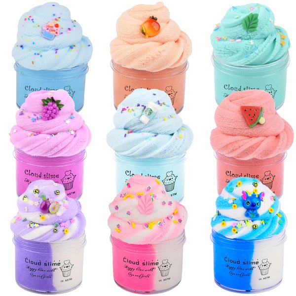 9 Pack Cloud Slime Kit, with Grapes and Watermelon Cute Slime Charms, Soft and Non-Sticky, DIY Surprise Toy, Party Favor for Girls and Boys, Birthday Gift, Stress Relief Toy