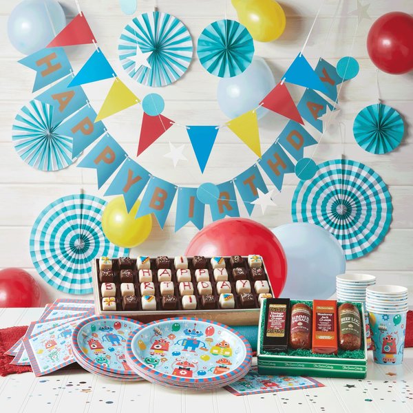 The Swiss Colony Robot Birthday Party Kit Deluxe: Stress-Free Planning for 16 Kids, Includes Dinnerware, 36 Happy Birthday Petits Fours (Bite-Size Cakes), Cheese & Sausage, Plus Decorations