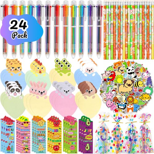 Multicolor Pens Party Favors, 24Pack School Stationery Set with 6-in-1 Multicolor Ballpoint Pens Motivational Bookmarks Stickers for Goodie Bags Birthday Classroom Gifts for Kids Students Bulk