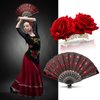 2 Pieces Women Rose Flower Hair Clip and Embroidered Sequins Fabric Handheld Folding Fan Hair Accessories for Flamenco Dancer Costume Accessories Girl Halloween Cosplay Party (Red)
