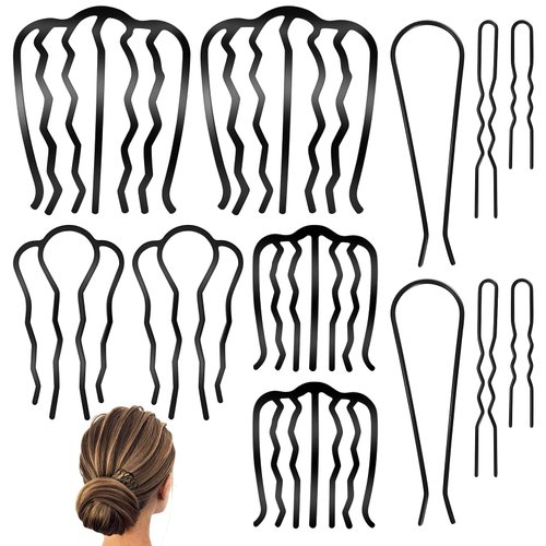 QOOSIKICC 12 Pcs Hair Side Combs, Hair Fork Clips, Hair Pins Combs, French Twist Updo Hair Accessories Combs, U-Shape Teeth Hair Styling Combs Tool for Vintage Hairstyle Women Girls Bun - Black