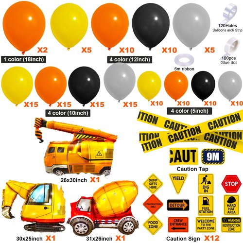 SNLN 152Pcs Construction Party Decorations Birthday Supplies Construction Balloon Arch Caution Tape Caution Sticker Construction Truck Foil Balloon Boy Kid Construction Theme Birthday Party Decoration