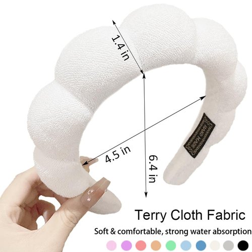 AOENJIE Spa Headbands for Washing Face or Makeup, Sponge Bubble Skincare Headbands, Puffy Terry Cloth Hairband for Women, Skin Care Makeup Headwear Hair Accessories for Girls (White)