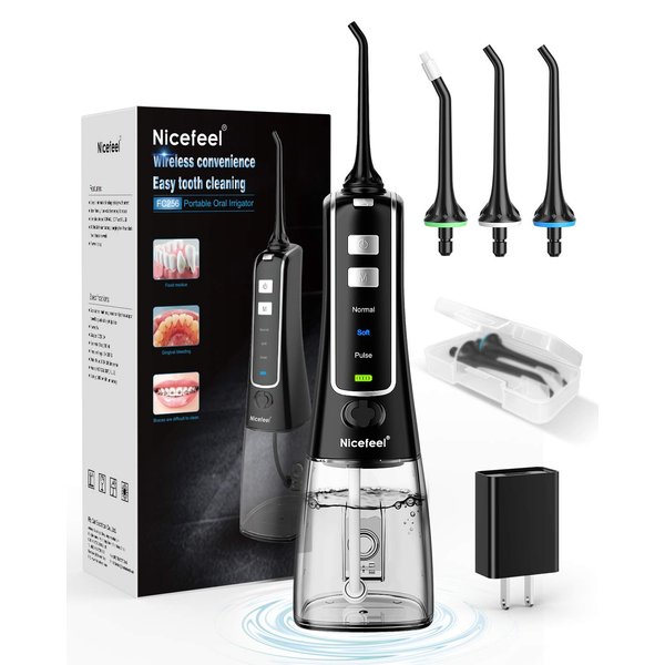 Cordless Water Flosser Teeth Cleaner, Nicefeel 300ML 2 Tip Cases Portable and USB Rechargeable Oral Irrigator for Travel, IPX7 Waterproof, 3-Mode Water Flossing with 4 Jet Tips for Home Blue
