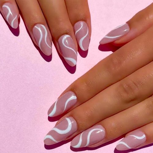 EVAZEN Press on Nails Almond Glossy Fake Nails Pink French False Nails PoP Style Ballerina Nails Blue Swirl Artificial Daily Nail For Women And Girls(Pack of 24) (SET-E)