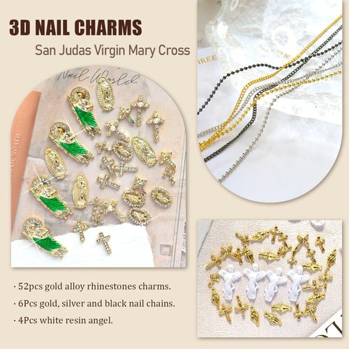 62pcs 3D Cross Nail Charms Rhinestones San Judas Virgin Mary Angel Gold Charms for Acrylic Nail Art Religious Gems Jewels Alloy Metal Nail Chains Tip Manicure Accessories Decoration Supplies Craft DIY