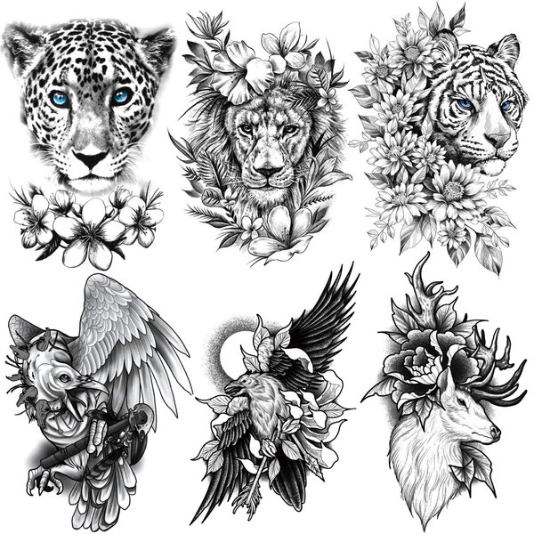 Kotbs 6 Sheets Black Tribal Realistic Animal Flower Temporary Tattoos for Men Women, Waterproof Tattoo Stickers for Teens Kids 3D Lion Tiger Leopard Bird Deer Pattern