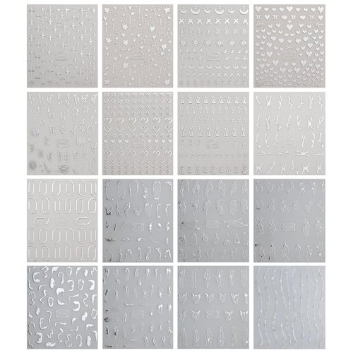 Silver Marble Line Nail Stickers, 16 Sheets Self-Adhesive Nail Decal Nail Art Decoration Design Supplies
