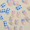 Cute Press on Nails Square Fake Nails with Bee and Flower Designs Stick on Nails Full Cover Blue and White Checkered French Tip Acrylic Nails Summer Sweet Young False Nails for Women Girls