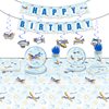 148Pcs Airplane Themed Birthday Party Supplies Include Disposable Paper Plates-Paper Cups-Paper Napkins-Forks-Knives-Tablecloth-Banner-Single Spirals With Cards for Airplane Party Decorations