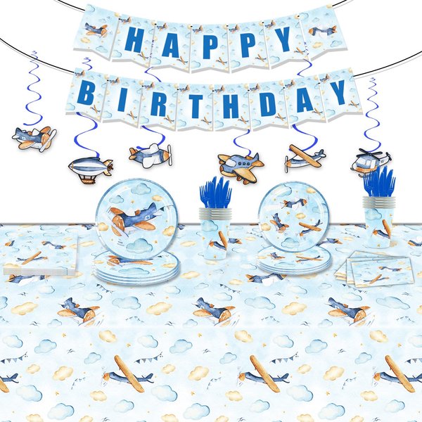 148Pcs Airplane Themed Birthday Party Supplies Include Disposable Paper Plates-Paper Cups-Paper Napkins-Forks-Knives-Tablecloth-Banner-Single Spirals With Cards for Airplane Party Decorations