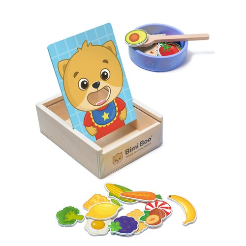 Bimi Boo Wooden Feeding Toy for Toddlers Ages 1-4+ - Pretend Food Game for Preschoolers, Play Food Set for Kids, Learning Resources Food Group Activities - 27 Various Foods, a Spoon, Bowl