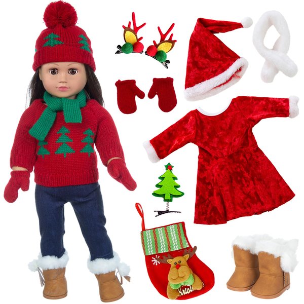 ebuddy Doll Clothes and Accessories Christmas Santa Costume Set Including Xmas Tree Sweater Set for 17 inch Baby Dolls,Most 18 Inch Dolls(No Doll)