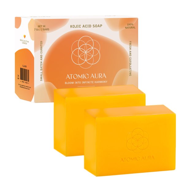 Atomic Aura Kojic Acid Dark Spot Remover Soap Bars with Turmeric, Collagen, Vitamin C, Shea Butter, Olive Oil, Vitamin E with Hyaluronic Acid for Pigmentation, Fine lines, Scars (2 Pack)