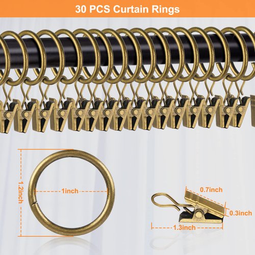 30 PCS 1-Inch Antique Brass Clips Curtain Hooks for Curtain Rod, This Small Drapery Curtain Ring with Clips Hook Fit Up to 0.4~0.75 -inch Drapery Panel