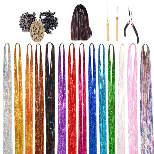 Hair Tinsel Kit, 16Color 47 Inches Glitter Heat Resistant Tinsel Hair Extensions Tensile with Hair Beads Wigs Tools & Accessories Tools Gift Set for Halloween Christmas Women Girls (16 COLOR KIT)