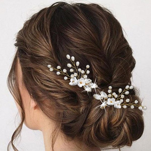 Latious Flower Bride Wedding Hair Pins Gold Crystal Hair Piece Bridal Hair Clips Prom Hair Accessories for Women and Girls (Pack of 2) (Gold)
