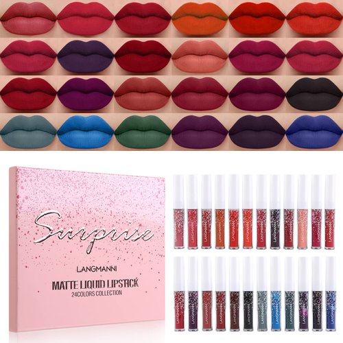 Luxsea Matte Liquid Lipstick Set 24 Colors Shining Lip Gloss Set Waterproof Long Lasting Lip Kit High Pigmented Moisturizing Lipstick Set for Women Girls (24 Colors)