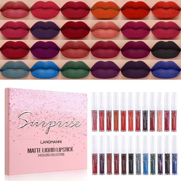 Luxsea Matte Liquid Lipstick Set 24 Colors Shining Lip Gloss Set Waterproof Long Lasting Lip Kit High Pigmented Moisturizing Lipstick Set for Women Girls (24 Colors)