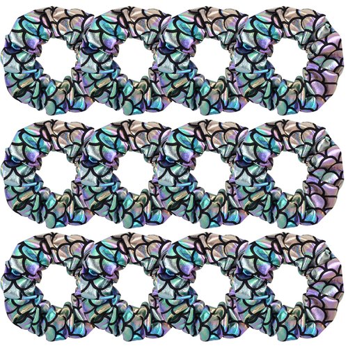 12 Pcs Shiny Mermaid Dance Cheer Hair Scrunchies For Thick Hair School Performance/Sports/Practice/Party/Gymnastics Metallic Scrunchie Ponytail Holder Wrist for Girls Cosplay Show (Black Colour)