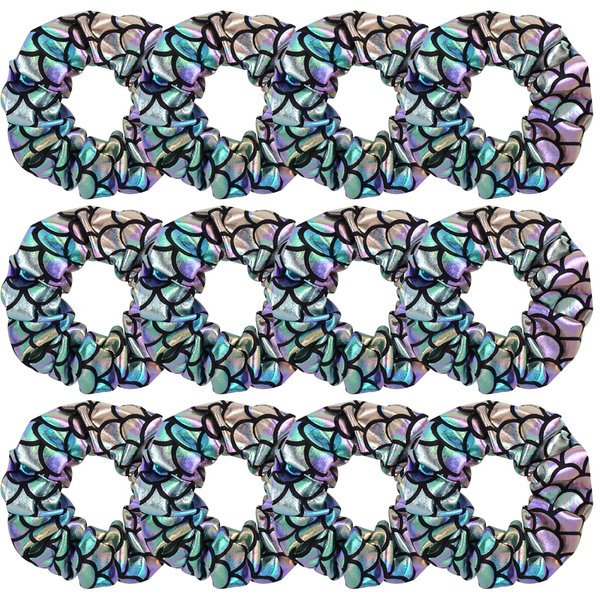 12 Pcs Shiny Mermaid Dance Cheer Hair Scrunchies For Thick Hair School Performance/Sports/Practice/Party/Gymnastics Metallic Scrunchie Ponytail Holder Wrist for Girls Cosplay Show (Black Colour)