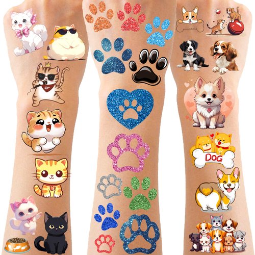 CupaPlay 440PCS Dog Cat Themed Temporary Tattoos Party Supplies Decorations Pets Dog Paw Print Baby Shower Birthday Party Favors Tattoos(30 Sheets)